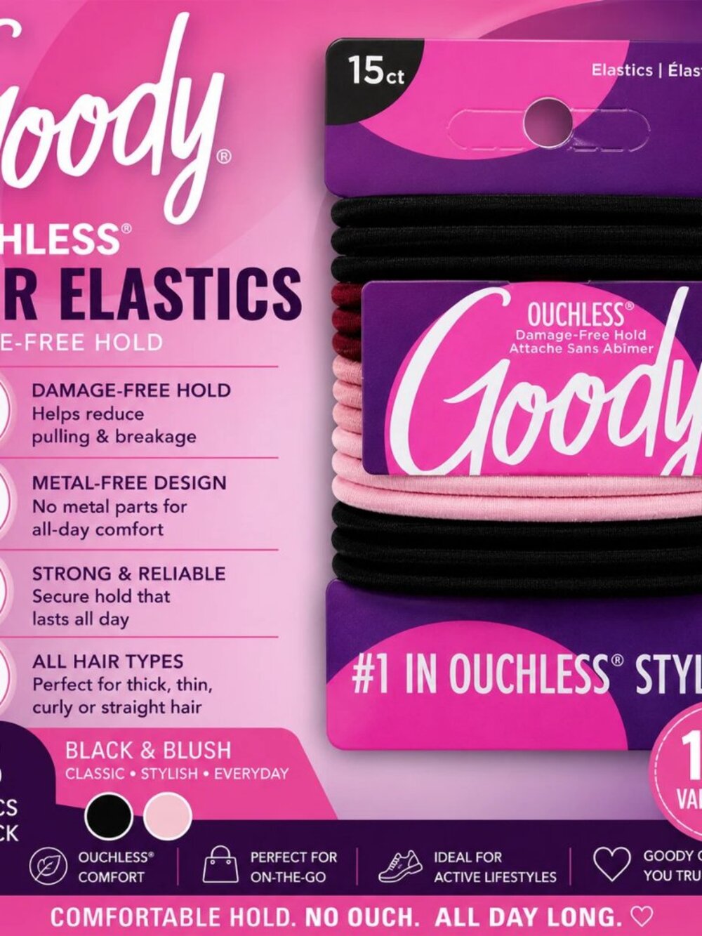 Goody Ouchless Hair Elastics Black & Blush 15 Ct